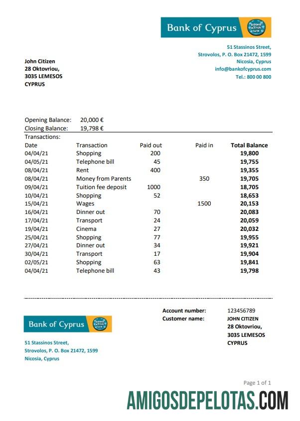 Extrato bancário realista do Banco de Chipre em Chipre Modelo fácil de preencher em formato de arquivo .xls e .pdf